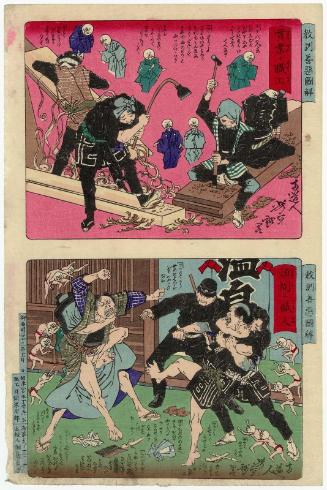 Good (above): Industrious Workmen (Kangyo na shokkô); Evil (below): Obstreperous Workmen (Ganko na shokkô); from the series Lessons in Good and Evil Through Pictures (Kyôkun zen'aku zukai)