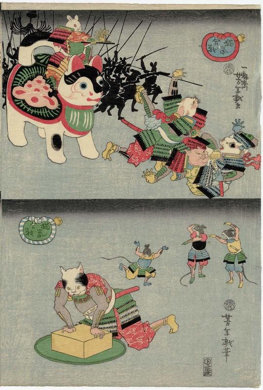 Cats Frightened by Toy Dog (above); Cat Using Mousetrap (below); from the series The War of Cats and Mice (Neko nezumi kassen)