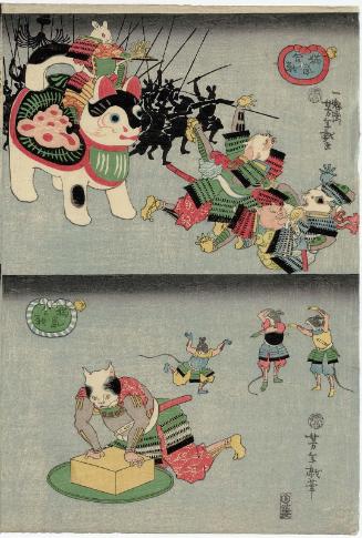 Cats Frightened by Toy Dog (above); Cat Using Mousetrap (below); from the series The War of Cats and Mice (Neko nezumi kassen)