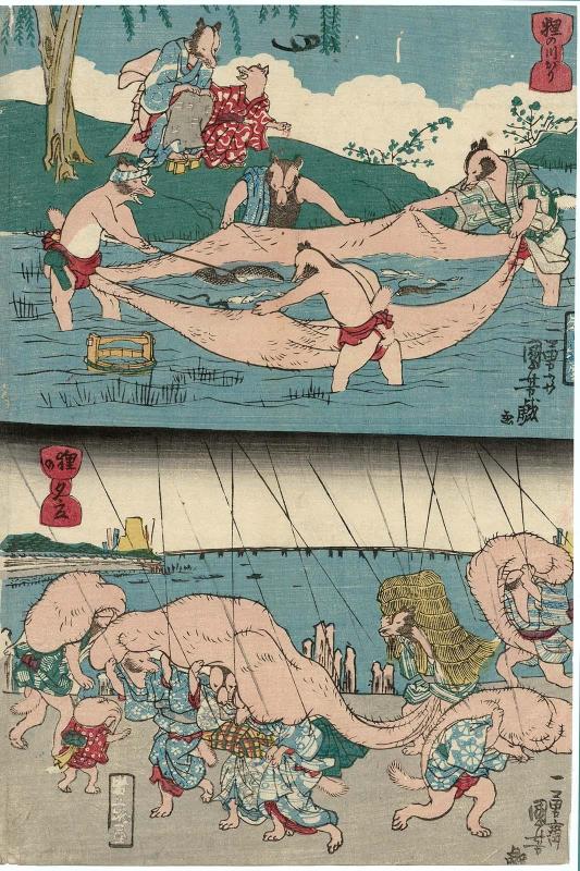 Tanuki Fishing in the River (Tanuki no kawagari) (T) and Tanuki in a Shower (Tanuki no yûdachi) (B), from an untitled series of Tanuki (Raccoon-dogs)