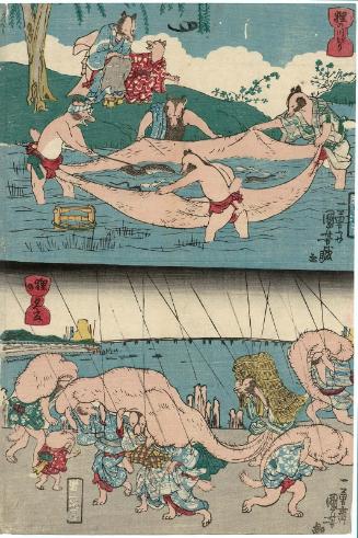 Tanuki Fishing in the River (Tanuki no kawagari) (T) and Tanuki in a Shower (Tanuki no yûdachi) (B), from an untitled series of Tanuki (Raccoon-dogs)