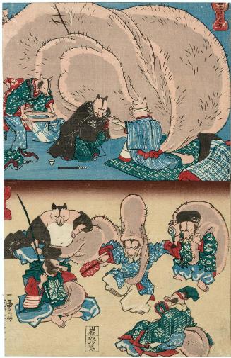 A Sick Tanuki (Tanuki no senkimochi) (T) and Tanuki as the Seven Gods of Good Fortune (Tanuki no Shichifukuijin) (B), from an untitled series of Tanuki (Raccoon-dogs)