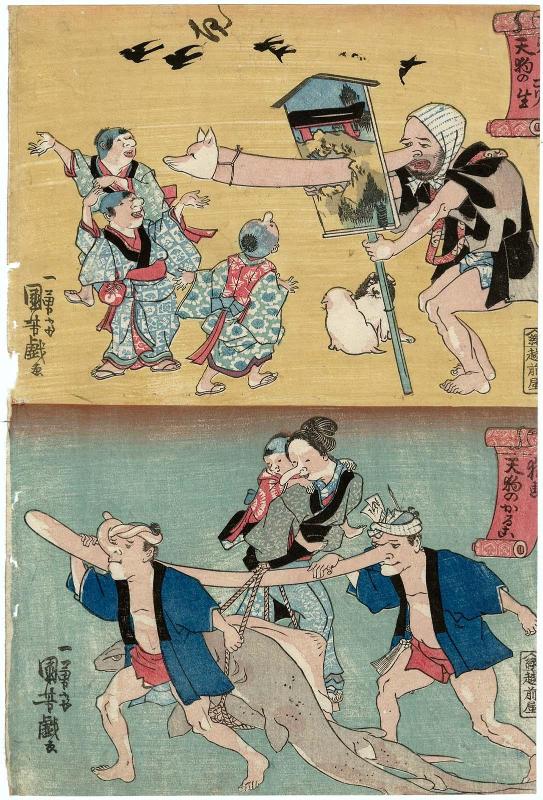 The Blessing of the Gods for the Tengu (Tengu no gorishô) (T), Tengu Deliverymen (Tengu no karuko) (B), from an untitled series of tengu