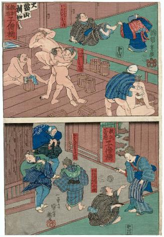 Above: A Boy Who Plays at Wrestling with the Young Master (Bôchan to sumô o toru kozô) and Boys Who Play at Wrestling in the Bathhouse (Yuya de sumô o toru kozô); below: A Boy Who Mends His Clothing Himself (Hokorobi o jibun de nuu kozô) and A Boy Who Tears His Clothes (Hokorobi o kiru kozô), from the series A Collection of Apprentice Boys Showing Good and Bad Morals (Kyôkun zen'aku kozô zoroe)
