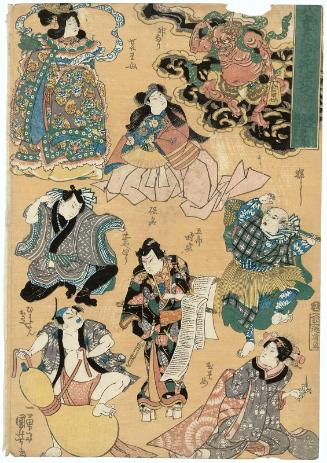 Actor Onoe Tamizô II (in Eight Roles) in the Play Yae Kokonoe Hana no Sugata-e: (right column) Thunder God (Kaminari), Hunter (Karishi), Unmarried Girl (Musume), (center column) Yasuna, Gorô Tokimune, (left column) the Queen Mother of the West (Seiôbô), Teahouse Waiter (Chaya mawari), Taming the Gourd (Hyôtan osae)