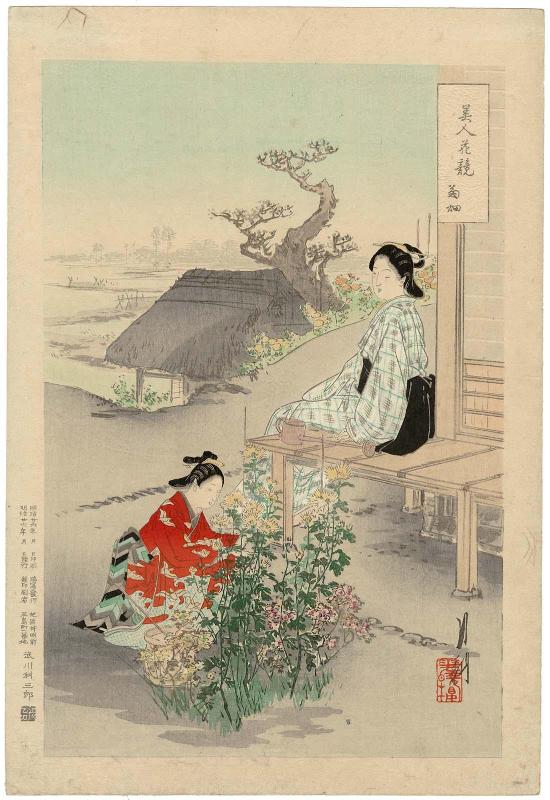 Chrysanthemum Garden (Kiku-batake), from the series Beauties Compared to Flowers (Bijin hana kurabe)
