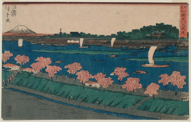 Mimeguri Embankment on the Sumida River (Sumidagawa Mimeguri tsutsumi), from the series Famous Places in Edo (Edo meisho)