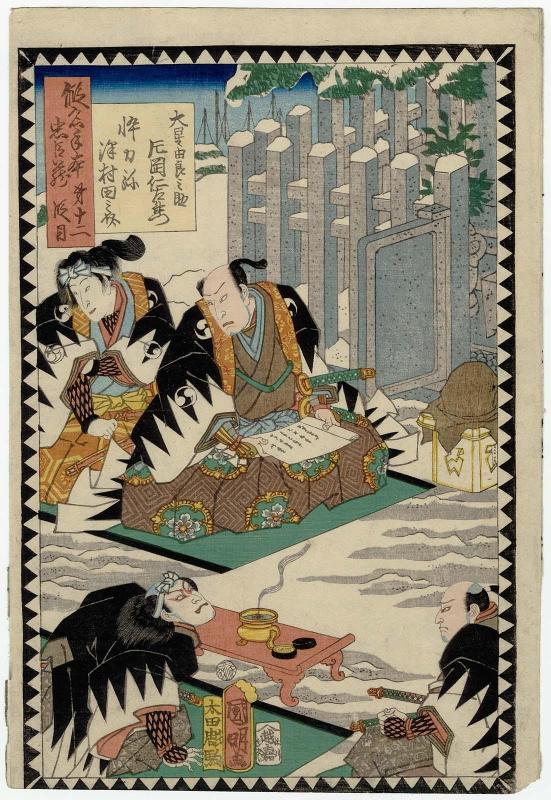 Act XII (Dai jûnidanme): Actors Kataoka Nizaemon VIII as Ôboshi Yuranosuke and Sawamura Tanosuke III as His Son (Segare) Rikiya, from the series The Storehouse of Loyal Retainers, a Primer (Kanadehon chûshingura)