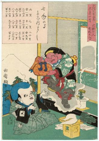 In 1864, the Year of the Wood Rat, People Born in Fire Signs Enter a Lucky Cycle on the 15th Day of the 11th Month (Genji gan, kinoe ne no toshi, kasei no hito jûichigatsu jûgonichi uke ni iru): Fukusuke with a Living Painting of Daikoku