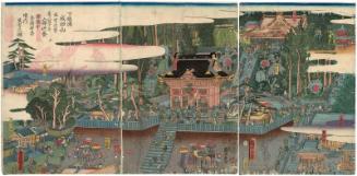 A Faithful Depiction of the Grounds of Mount Narita in Shimôsa Province, with Large Numbers of Visitors from the Various Prayer Groups for the Ceremony Dedicating the Buddha in the Rebuilt Main Hall, the Twelfth Day of the Coming Eighth Month (Shimôsa no kuni Narita-san hondô zôei, kuru hachigatsu jûninichi nyûbutsu kuyô, shokôchû sankei gunshû keidai ikiutsushi no zu)