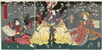 Confrontation in the Lodgings at the Foot of Mount Fuji (Fuji no susono kariya taimen): Actors Iwai Kumesaburô III as Kewaizaka no Shôshô (R), Kataoka Gadô II as Kudô Suketsune (C), and Nakamura Fukusuke I as Gorô Tokimune (L)