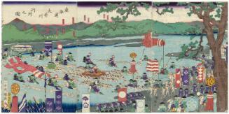 A Daimyô Procession at the Ôi River on the Tôkaidô (Tôkaidô Ôikawa gyôretsu no zu)