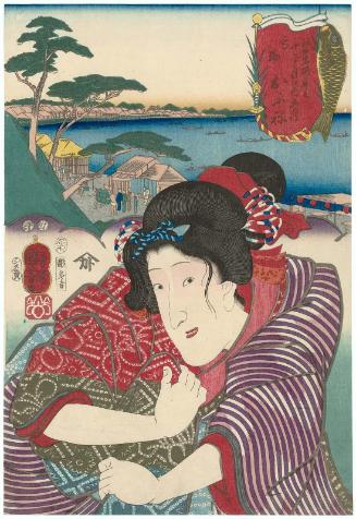 The Fifth Month (Gogatsu): (Actor Iwai Kumesaburô III as) Ofune at Takanawa, from the series Selections for Famous Places in Edo in the Twelve Months (Edo meishô mitate jûni kagetsu no uchi)