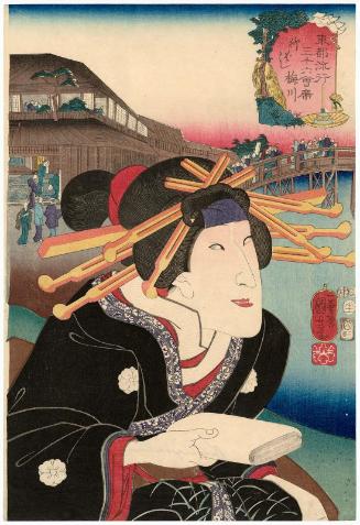 Yanagibashi: (Actor Bandô Shûka I as) Umegawa, from the series Thirty-six Fashionable Restaurants of the Eastern Capital (Tôto ryûkô sanjûroku kaiseki)