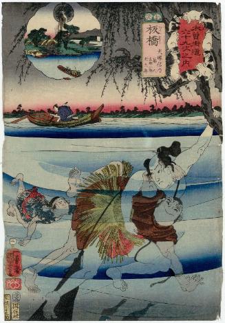 Itabashi: Inuzuka Shino with Hikiroku, Samojirô, and Dotarô, from the series Sixty-nine Stations of the Kisokaidô Road (Kisokaidô rokujûkyû tsugi no uchi)