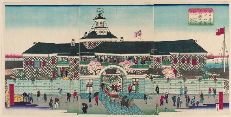 The Front Entrance of the Tsukiji Hotel in Tokyo (Tôkyô Tsukiji Hoterukan omotegake no zu)