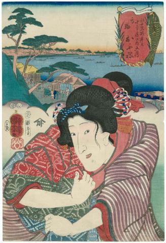 The Fifth Month (Gogatsu): (Actor Iwai Kumesaburô III as) Ofune at Takanawa, from the series Selections for Famous Places in Edo in the Twelve Months (Edo meishô mitate jûni kagetsu no uchi)