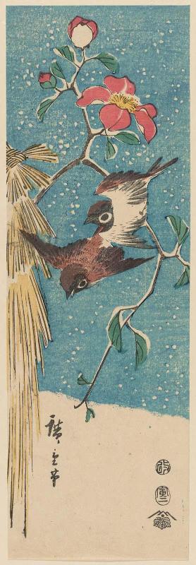 Sparrows and Camellia in Snow