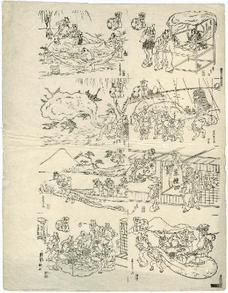Eight small designs from the series Tanuki jokes (Tanuki no share): right to left and top to bottom, Fortune Telling (Uranai); Catching Minnows (Zako tori); A Sudden Shower (Yûdachi); Hunting with a Net (Amiuchi); Shop Signs (Kanban); Towboat (Hikifune); Moving House (Yadogae); Street Vendor (Dôgu mise)