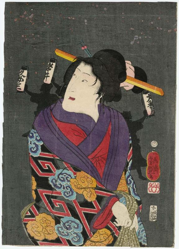 Actor Iwai Kumesaburô III, from the series Flowers of Edo, Excitement at Night (Edo no hana yoru no nigiwai)
