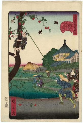 No. 26, View of the Spiral Hall at the Temple of the Five Hundred Arhats (Gohyaku rakan Sazaidô no kei), from the series Comical Views of Famous Places in Edo (Edo meisho dôke zukushi)
