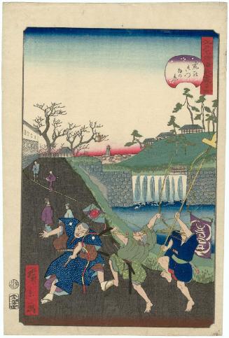 No. 29 (here incorrectly numbered 34), Outside the Gate at Toranomon (Tora-no-gomon soto no kei), from the series Comical Views of Famous Places in Edo (Edo meisho dôke zukushi)