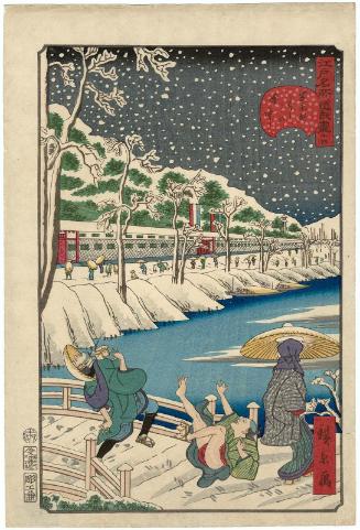 No. 14, Akabane Bridge at Shiba in Snow (Shiba Akabane hashi no setchû),  from the series Comical Views of Famous Places in Edo (Edo meisho dôke zukushi)