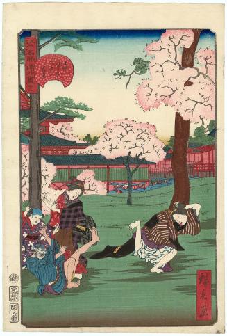 No. 21, Cherry-blossom Viewing at the Middle Hall and the Double Hall in Ueno (Ueno Chûdô Futatsu-dô no hanami), from the series Comical Views of Famous Places in Edo (Edo meisho dôke zukushi)