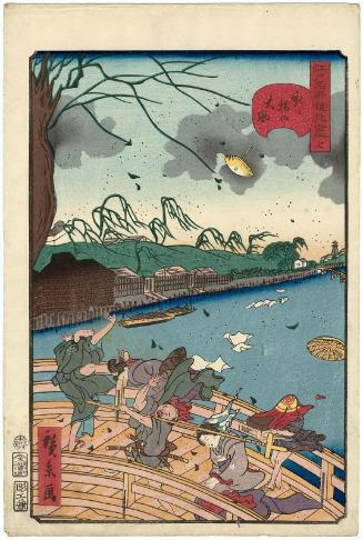 No. 7, Strong Wind on Shin-Ôhashi Bridge (Shin-Ôhashi no ôkaze), from the series Comical Views of Famous Places in Edo (Edo meisho dôke zukushi)