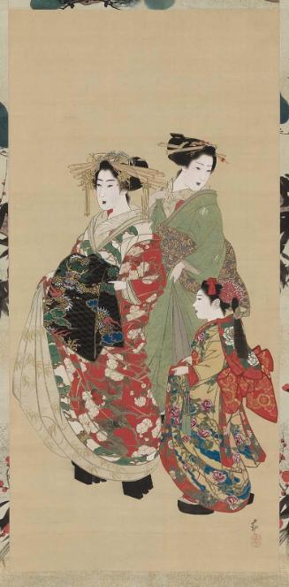 Courtesan (Oiran) and Attendants with mounting with decoration of the Three Friends of Winter