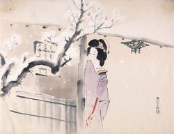 Woman Admiring Plum Blossoms in Snow