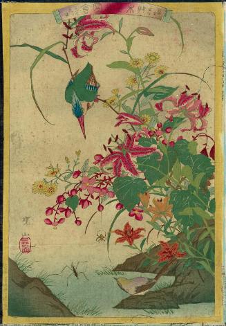 Begonia (Shûkaidô), Lily (Yuri), Kingfisher (Kawasemi), and Wagtail (Sekirei), No. 15 from the series Plants and Trees, Flowers and Birds (Sômoku kachô zue)