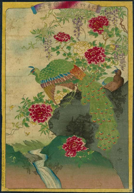 Peacock (Kujaku), Wisteria (Fuji), and Peonies (Botan), No. 1 from the series Plants and Trees, Flowers and Birds (Sômoku kachô zue)