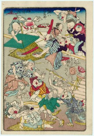 The Best Mochi [Ricecakes] Are Made by Mochi Specialists (Mochi wa mochiya), Pounding Mochi Dough with a Lantern (Chôchin de mochi o tsuku), from the series One Hundred Pictures by Kyôsai (Kyôsai hyakuzu)