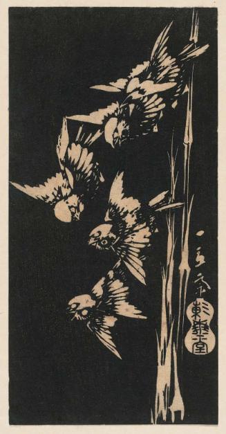 Bamboo and Sparrows, in stone-rubbing style, cut from an unidentified harimaze sheet