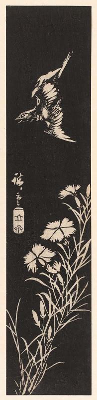 Cuckoo and Pinks, in stone-rubbing style, cut from an untitled harimaze sheet