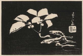 Japanese Winterberry and Dried Fish in stone-rubbing (ishizuri) style, cut from an untitled harimaze sheet