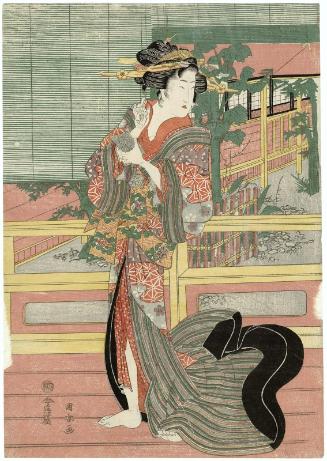 Woman Walking along a Veranda