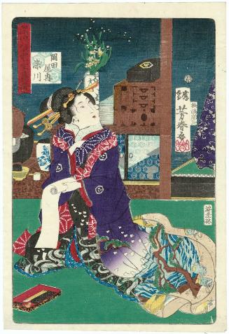 Somekawa of the Okadaya, from the series An Assortment of Beauties of the Highest Popularity in Temporary Quarters in Fukagawa (Fukagawa karitaku zensei soroe)