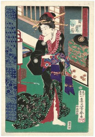Shiragiku of the Okadaya, from the series An Assortment of Beauties of the Highest Popularity in Temporary Quarters in Fukagawa (Fukagawa karitaku zensei soroe)