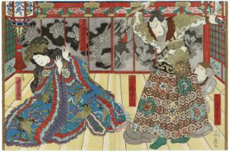 Actors Bandô Kamezô as Watônai's Mother and Arashi Kichisaburô III as Goshôgun Kanki (R), and Bandô Hikosaburô V as Kinshôjo (L)