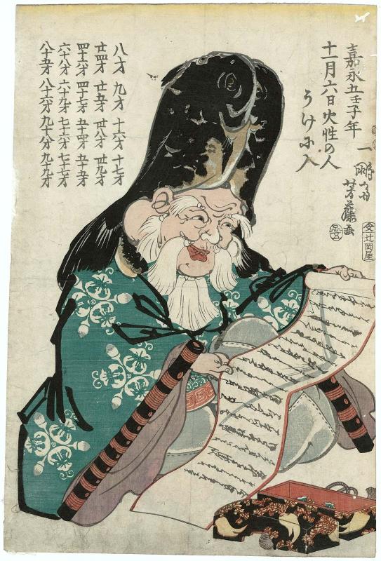 In 1852, the Year of the Water Rat, on the 6th Day of the 11th Month, People Born in Fire Signs Enter a Lucky Cycle (Kaei go, mizunoe ne no toshi, jûichigatsu muika kasei no hito uke ni iru): Fukurokuju
