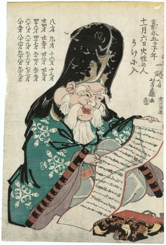 In 1852, the Year of the Water Rat, on the 6th Day of the 11th Month, People Born in Fire Signs Enter a Lucky Cycle (Kaei go, mizunoe ne no toshi, jûichigatsu muika kasei no hito uke ni iru): Fukurokuju