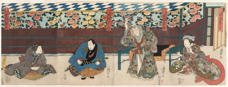 Actors, from right: Nakamura Tomijûrô II as Minazuru-hime, Nakamura Tamasuke I as Kiichi Hôgen, Mimasu Gennosuke I as the Footman (Yakko) Chienai, and Nakamura Karoku I as Ushiwakamaru