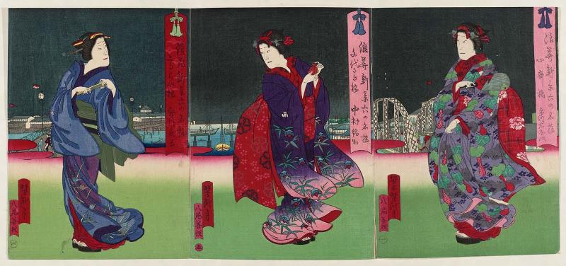 Actors Ichikawa Udanji I for Shinsai Bridge, No. 1 (R); Nakamura Fukusuke III for Chiyosaki Bridge, No. 5 (C); and Jitsukawa Enjaku I for Kôrai Bridge, No. 4 (L), from the series New Views of Osaka: Six Famous Bridges (Naniwa shinkei roku no meikyô)