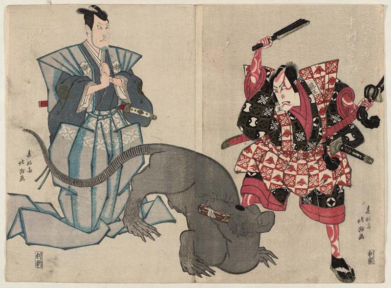 Actors Nakamura Utaemon III (Shikan) as Arajishi Otokonosuke (R) and Matsumoto Kôshirô V as Nikki Danjô (L)