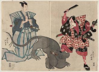 Actors Nakamura Utaemon III (Shikan) as Arajishi Otokonosuke (R) and Matsumoto Kôshirô V as Nikki Danjô (L)