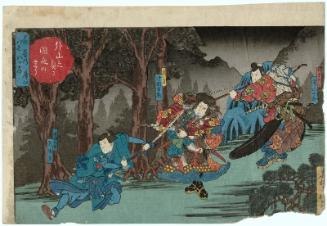 Actors Seki Sanjûrô II as Sugikura Ujimoto, Kataoka Ichizô I as Sadakage and Arashi Rikan II as Kamanari Daisuke, in Light on a Dark Night in the Toyama Mountains (Toyama no oku ni yamiyo no hikari), the Final Scene (Makugire) of the Play Hana no Ani Tsubomi no Yatsufusa