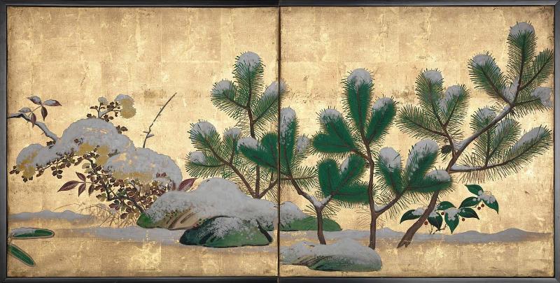 Snow-Covered Pines and Chrysanthemums (obverse); Landscape (reverse)