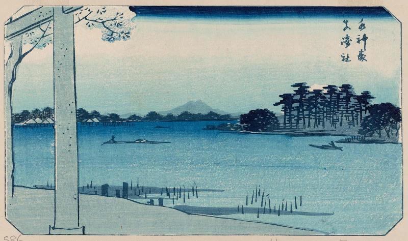 Suijin Wood and the Shrine at Massaki (Suijin no mori Massaki yashiro), cut from one sheet of the series Cutout Pictures of Famous Places in Edo (Edo meisho harimaze zue)